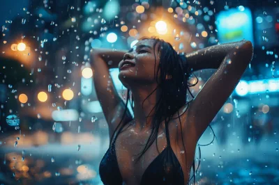 Young Woman Enjoying Rain in Neon City Night