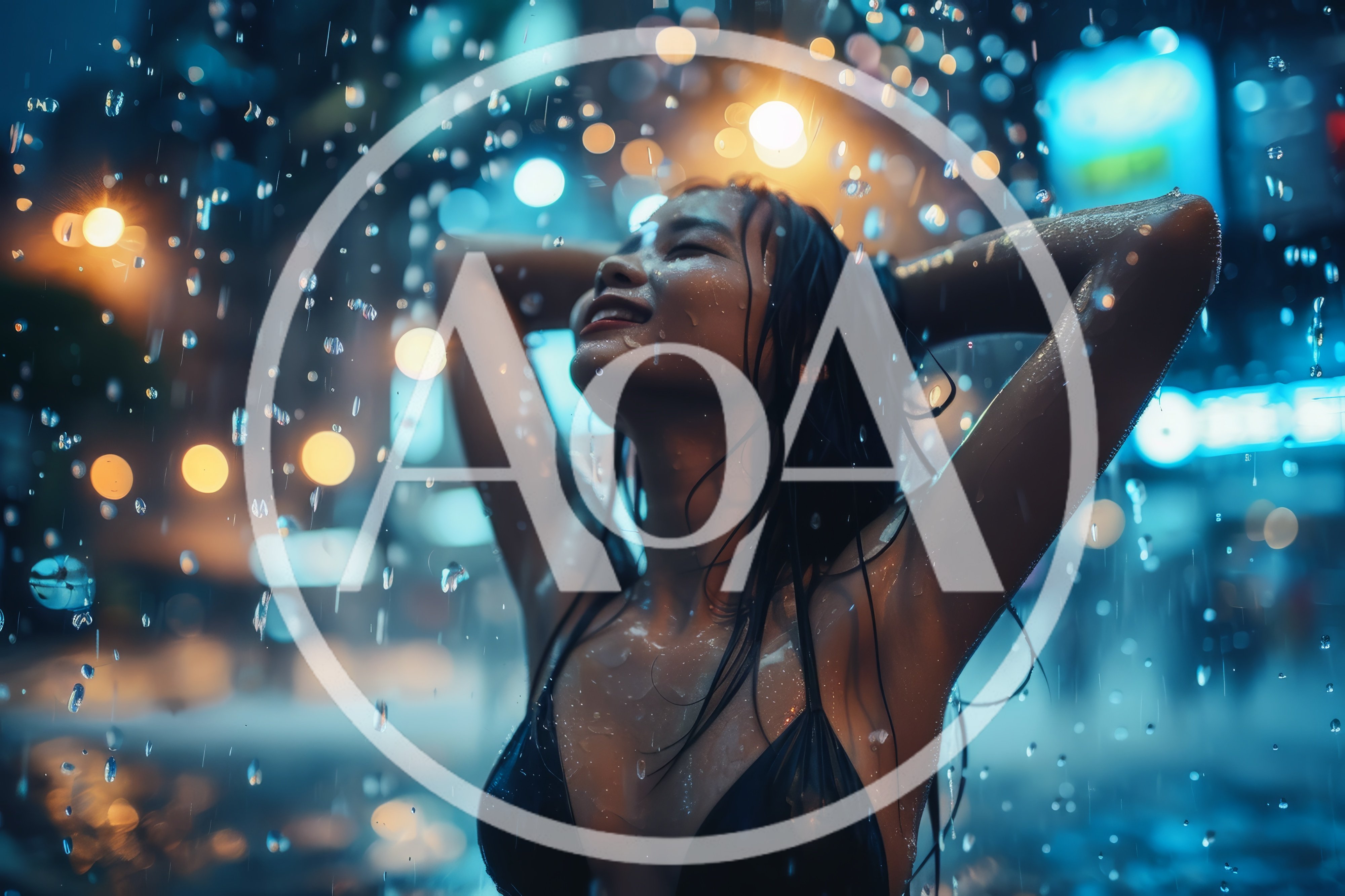 Young Woman Enjoying Rain in Neon City Night