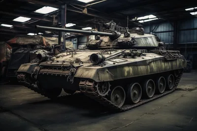 Military Tank Parked Inside A Dim Industrial Warehouse