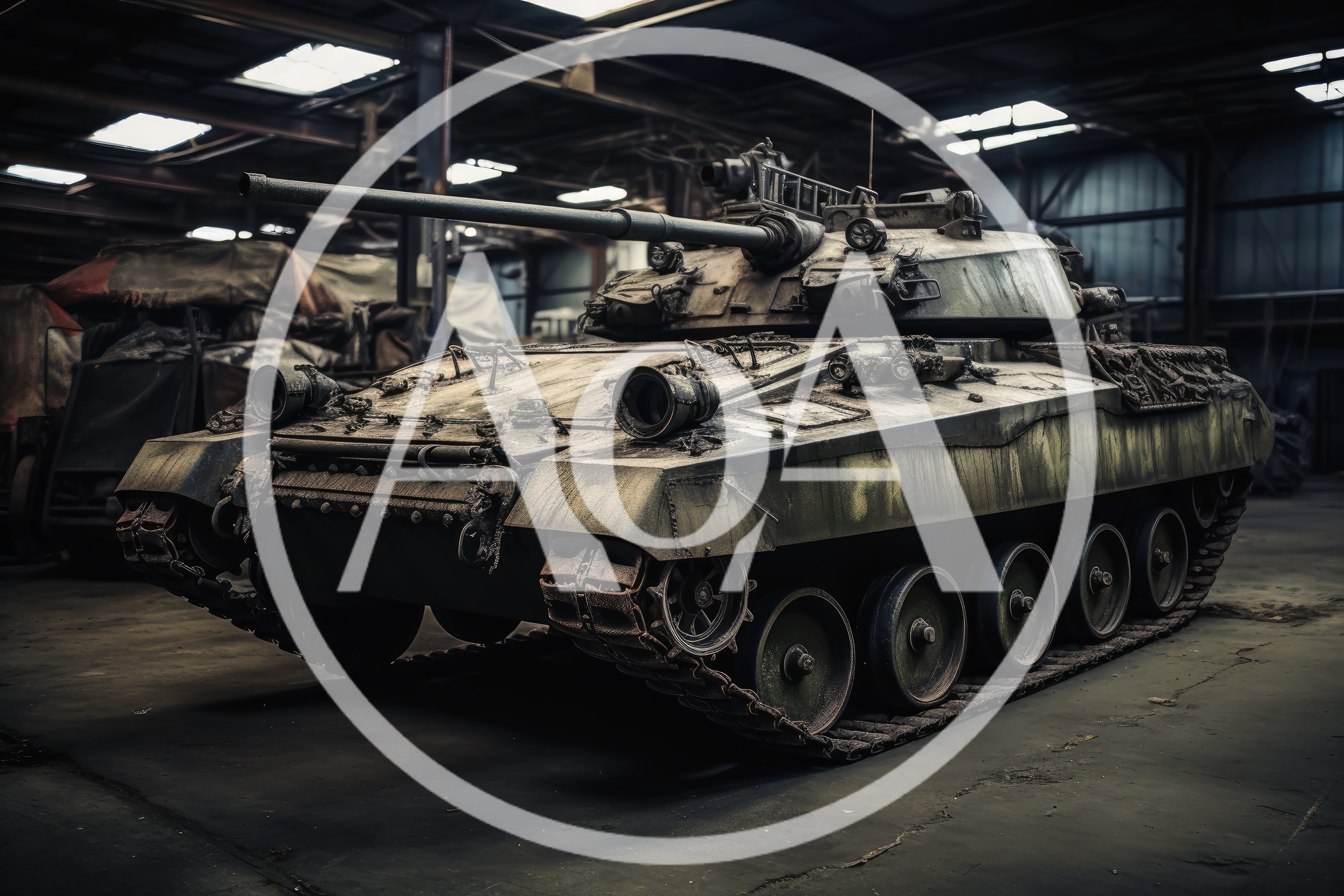 Military Tank Parked Inside A Dim Industrial Warehouse