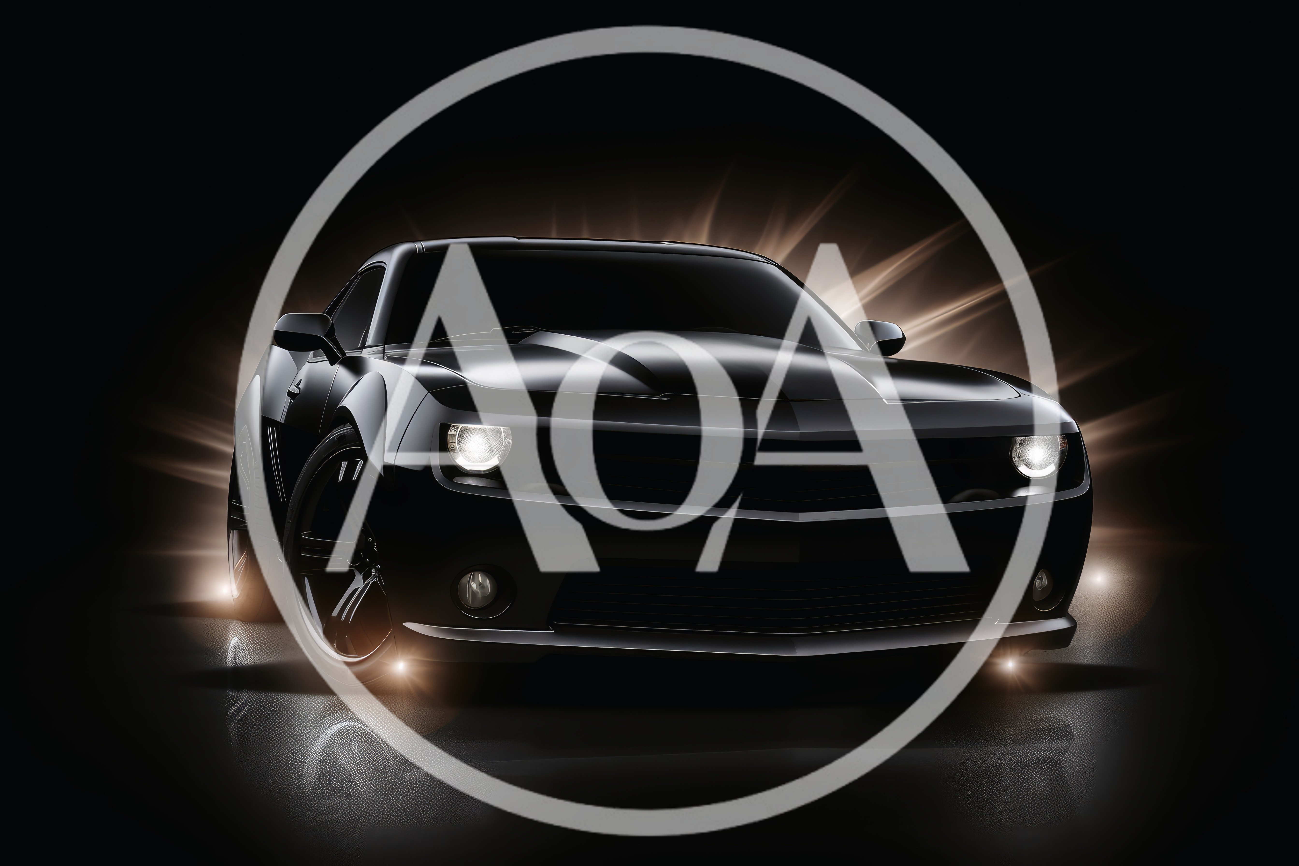 Black Muscle Car With Glowing Headlights In Dark Studio