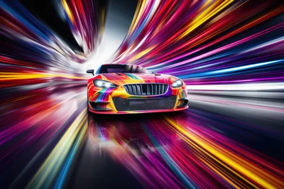 Colorful Sports Car Moving Through Abstract Light Tunnel