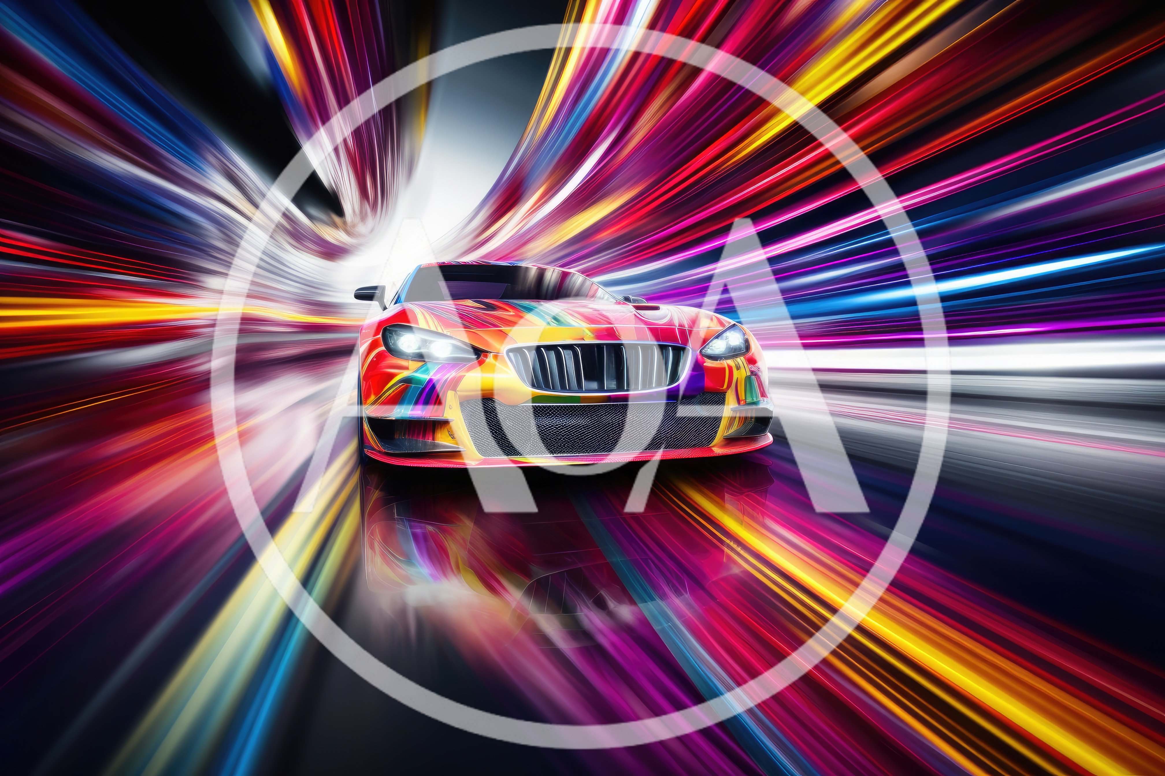 Colorful Sports Car Moving Through Abstract Light Tunnel