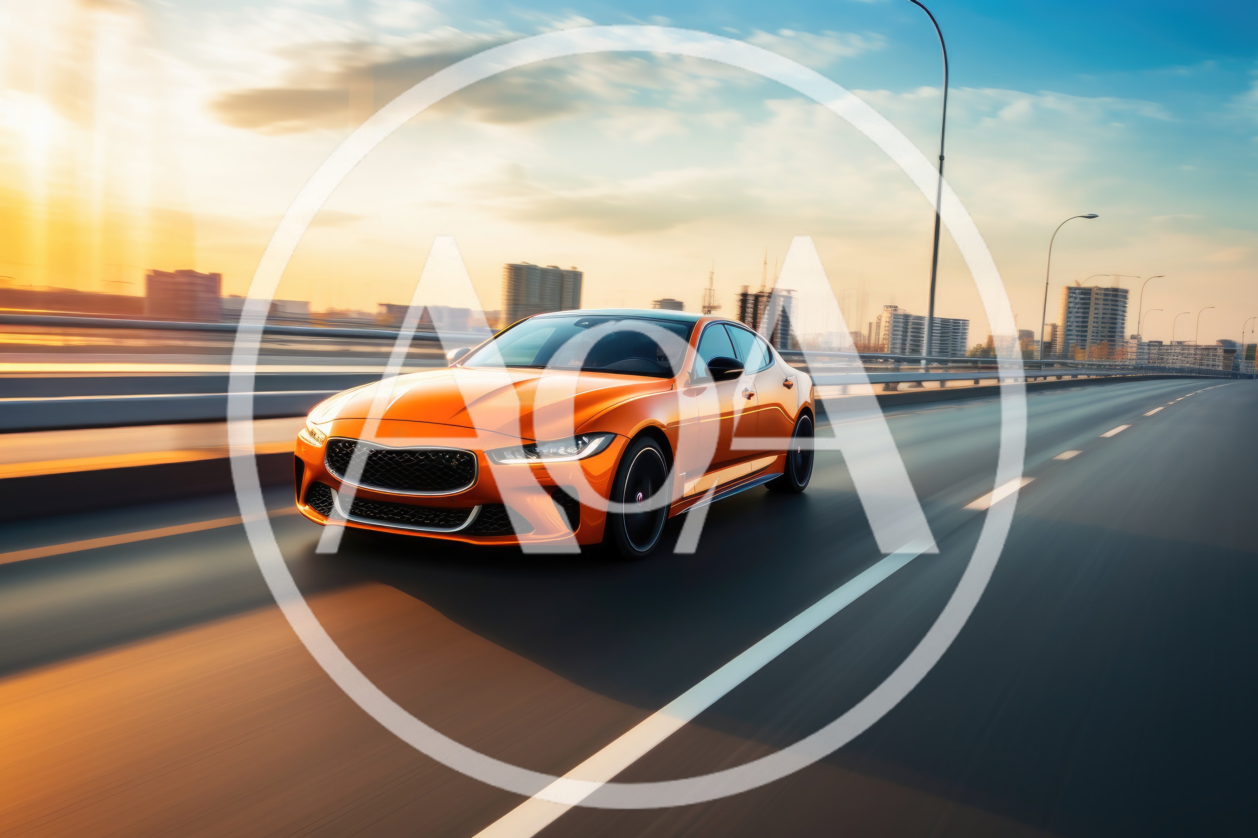 Orange Sports Sedan Driving Fast on City Bridge