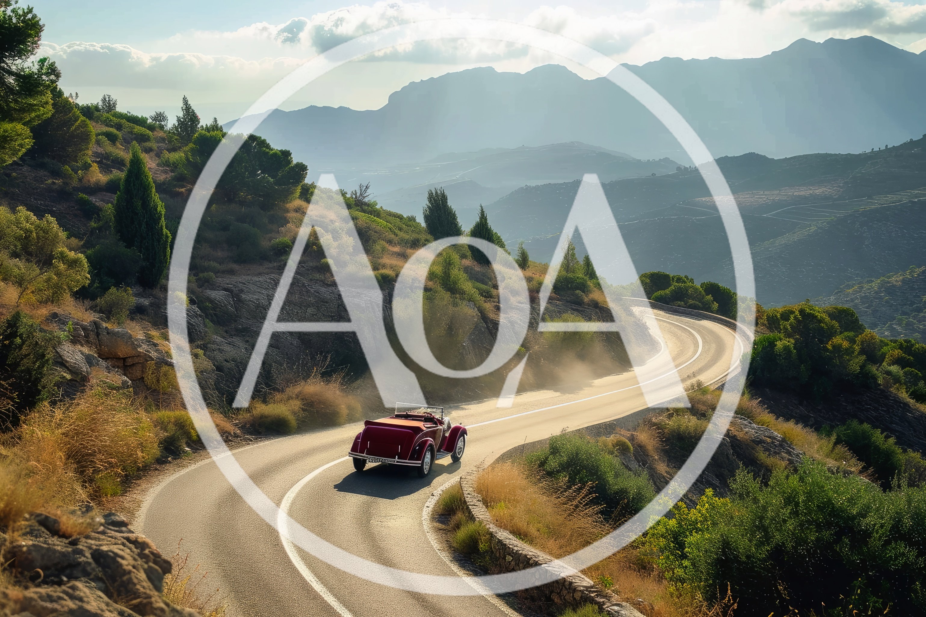 Vintage Red Convertible Driving On Winding Mountain Road