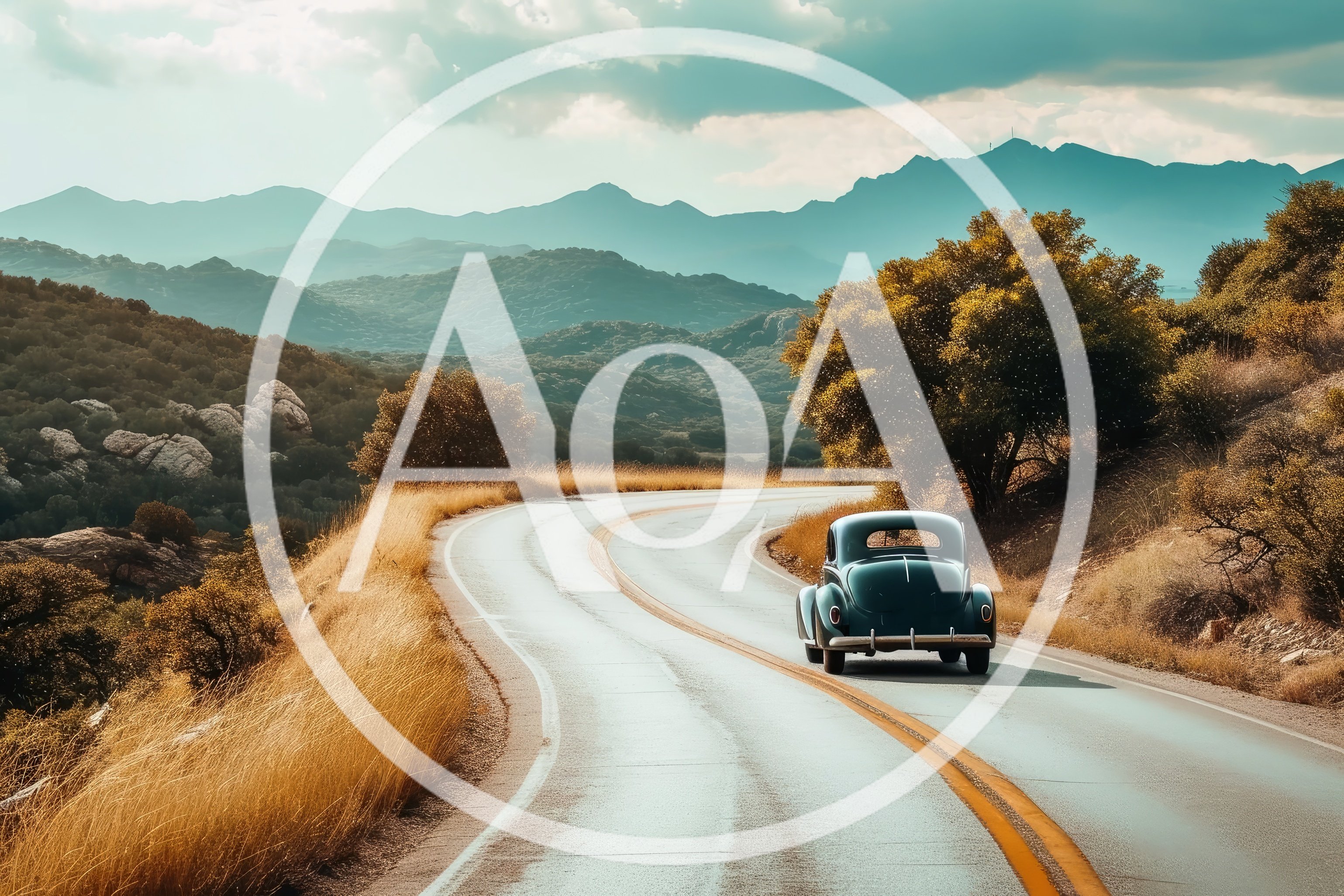 Vintage Car Driving Along A Winding Mountain Road