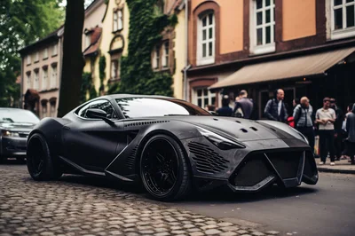 Matte Black Custom Sports Car Parked On Cobblestone Street