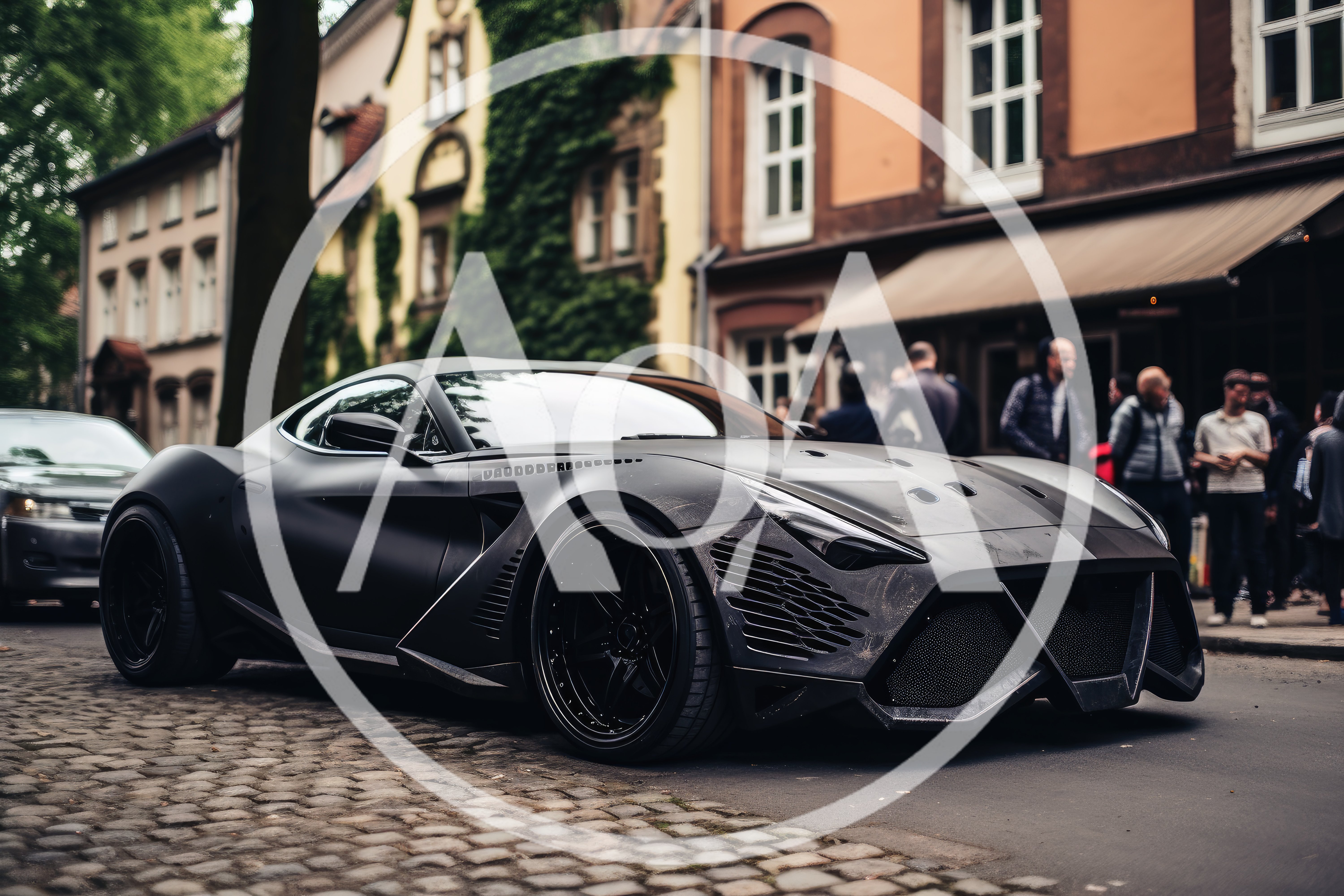 Matte Black Custom Sports Car Parked On Cobblestone Street