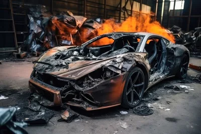Burnt Luxury Sports Car Wreckage In Industrial Warehouse