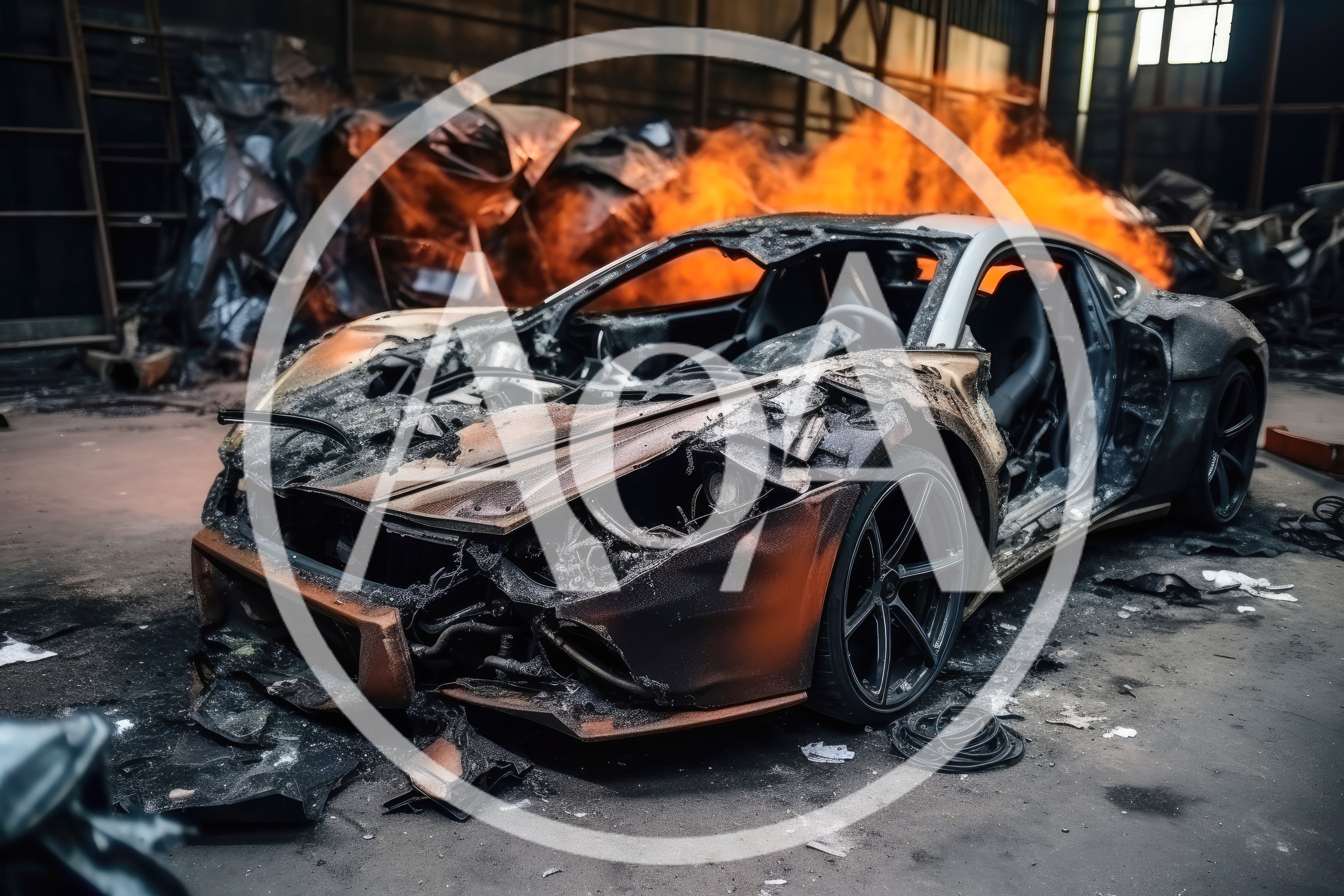 Burnt Luxury Sports Car Wreckage In Industrial Warehouse
