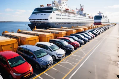 New Cars Parked At Port Terminal Near Cruise Ships