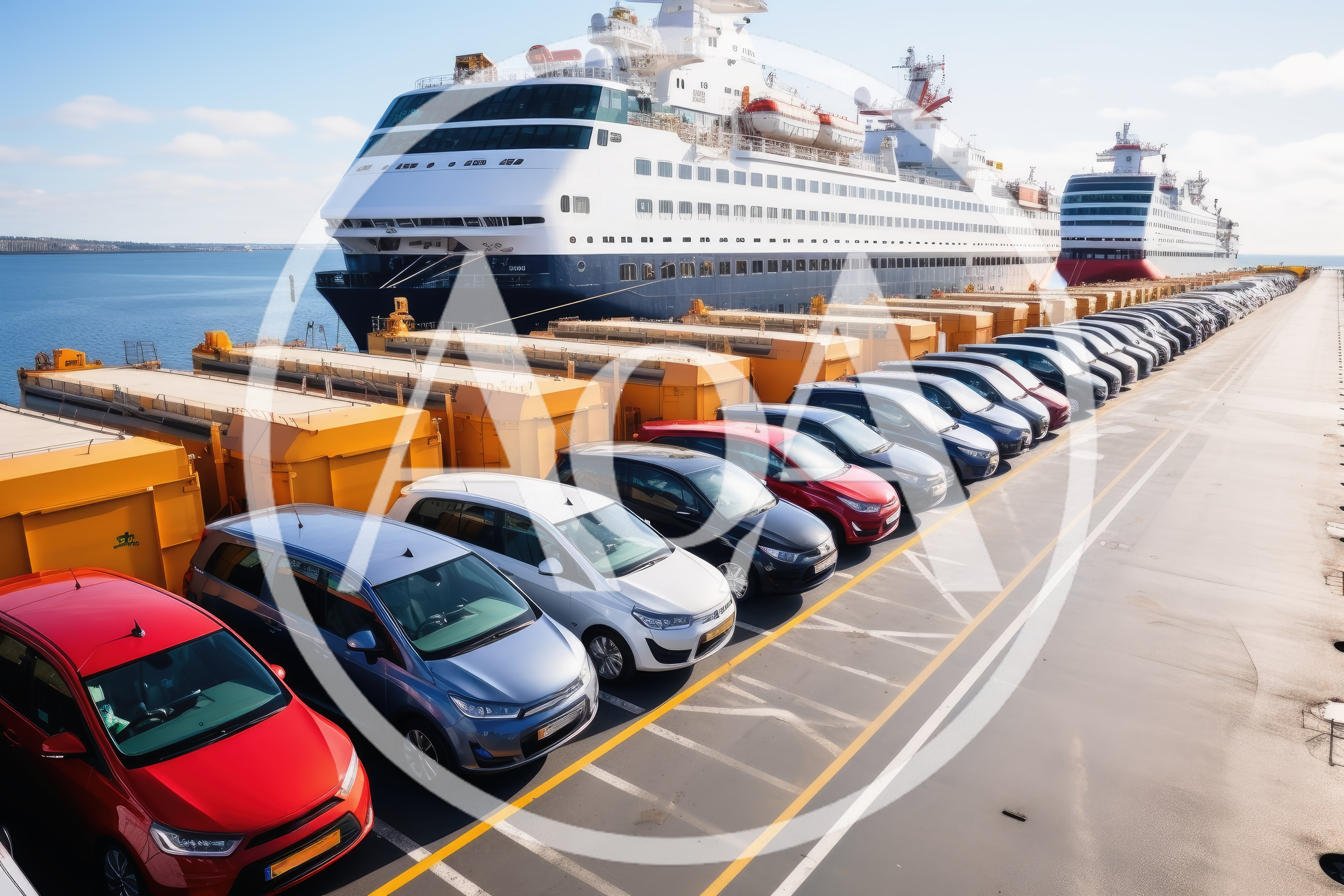 New Cars Parked At Port Terminal Near Cruise Ships