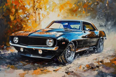 Classic Black Muscle Car In Autumn Forest
