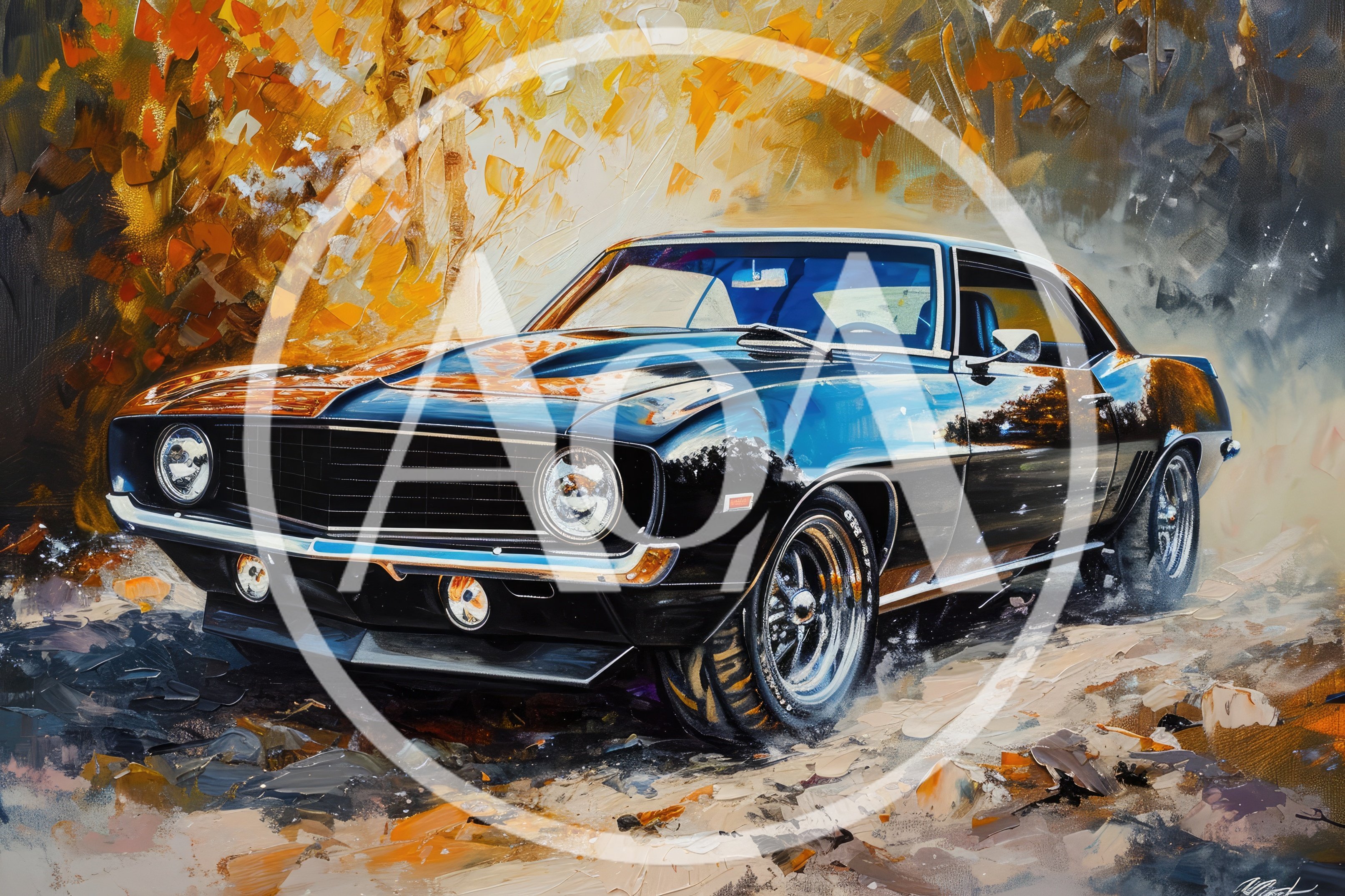 Classic Black Muscle Car In Autumn Forest