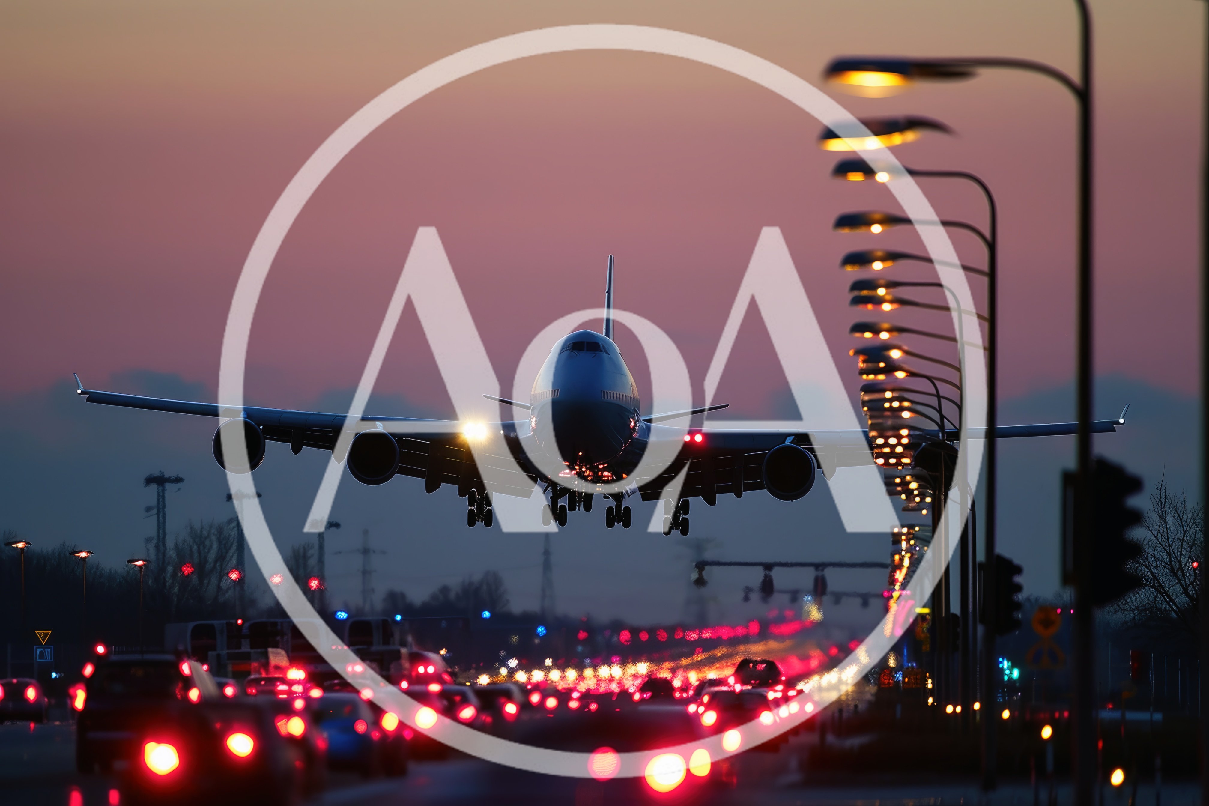 Large Passenger Airplane Landing Over Busy Highway Traffic