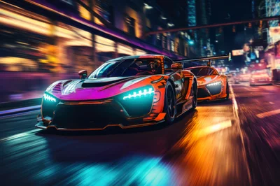 Two Futuristic Supercars Racing Through A Neon City