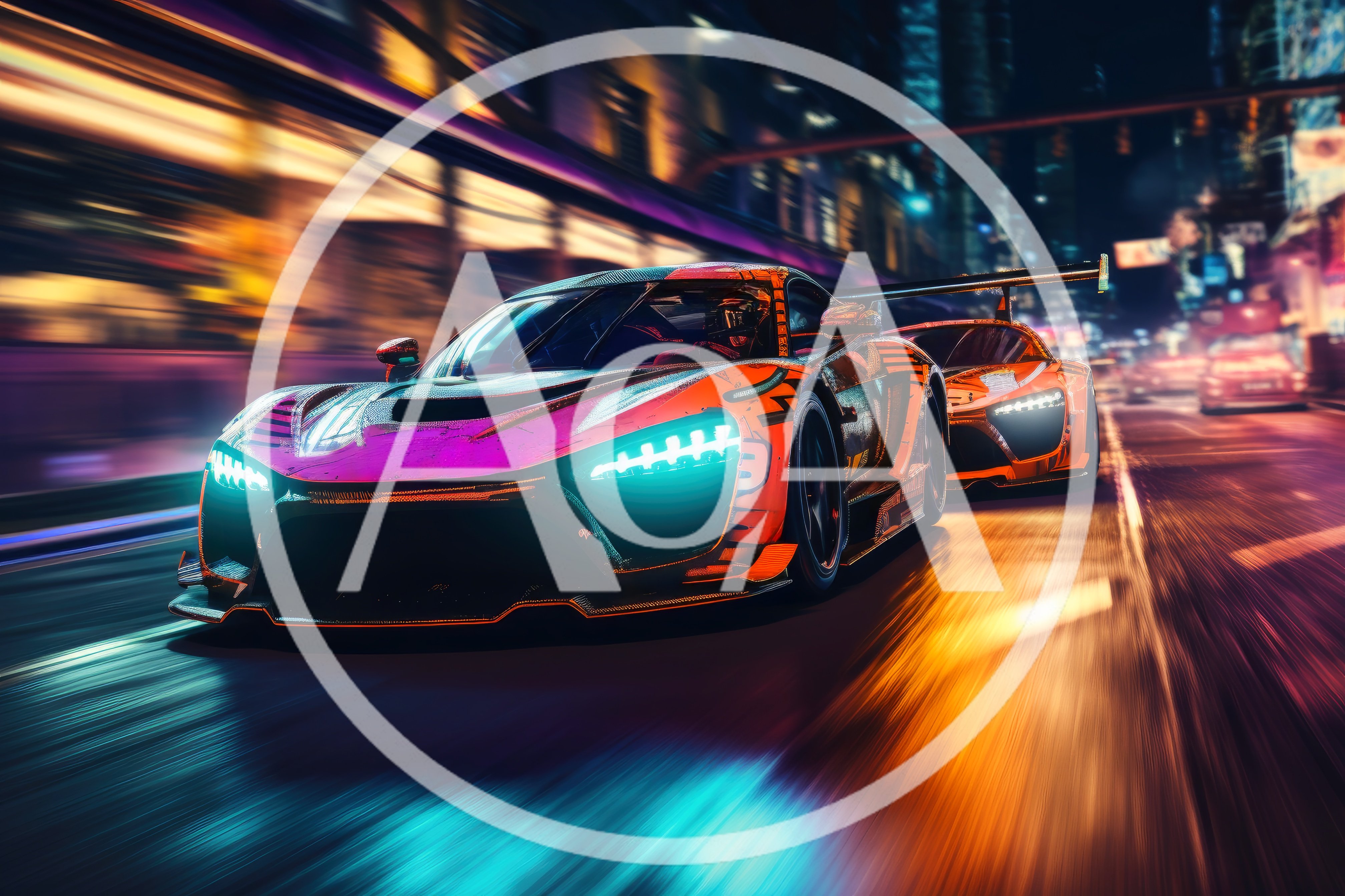 Two Futuristic Supercars Racing Through A Neon City