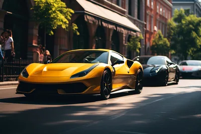 Yellow Ferrari Sports Car Driving On City Street