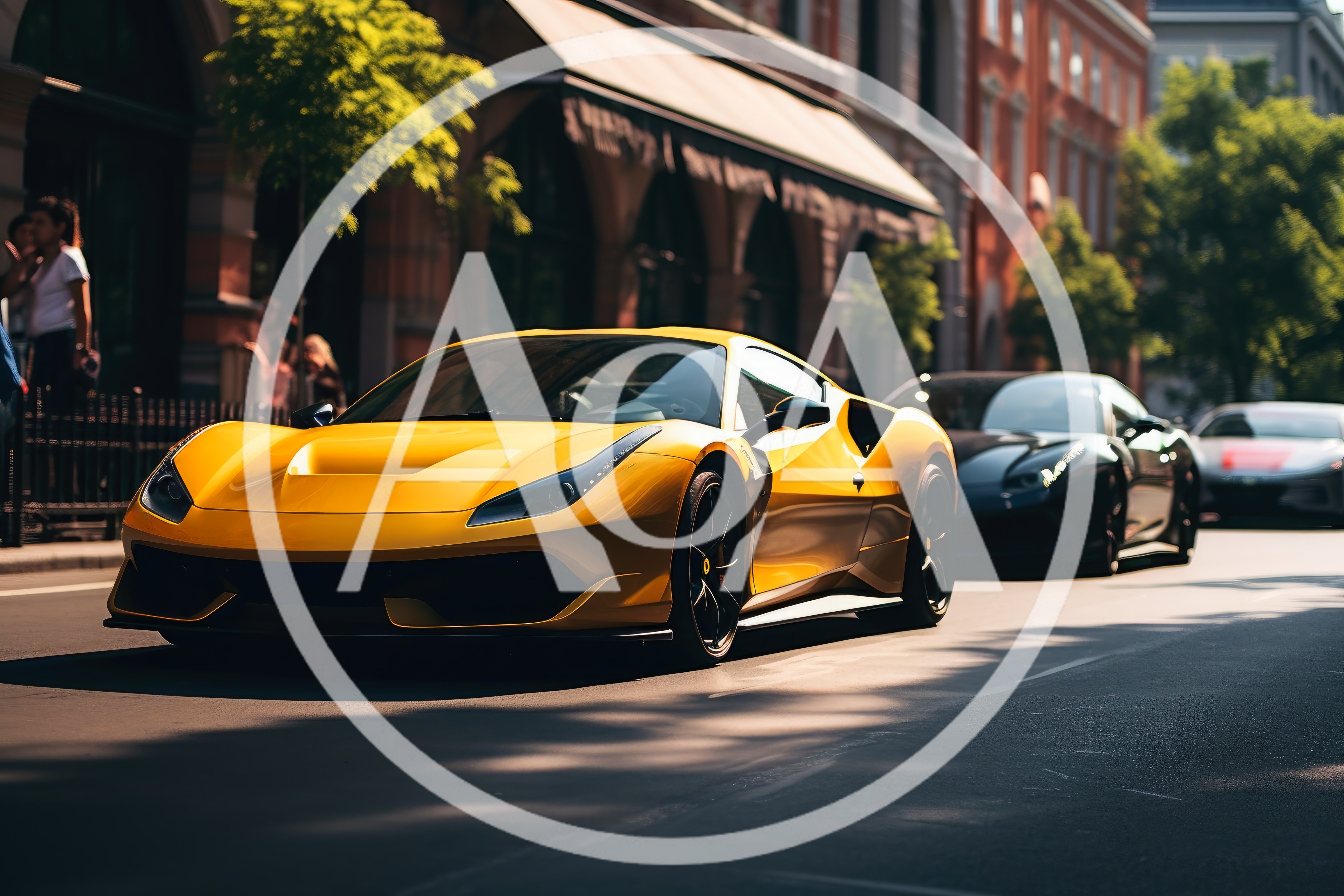 Yellow Ferrari Sports Car Driving On City Street