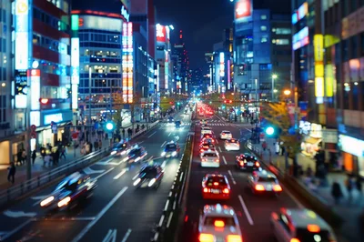 Night Traffic Flow on Busy Tokyo City Street