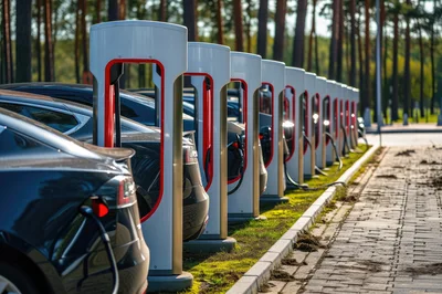 Electric Vehicle Charging Station In A Forest Setting