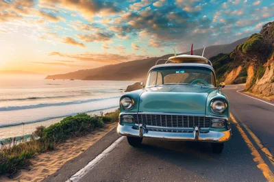 Vintage Turquoise Car With Surfboards On Coastal Highway