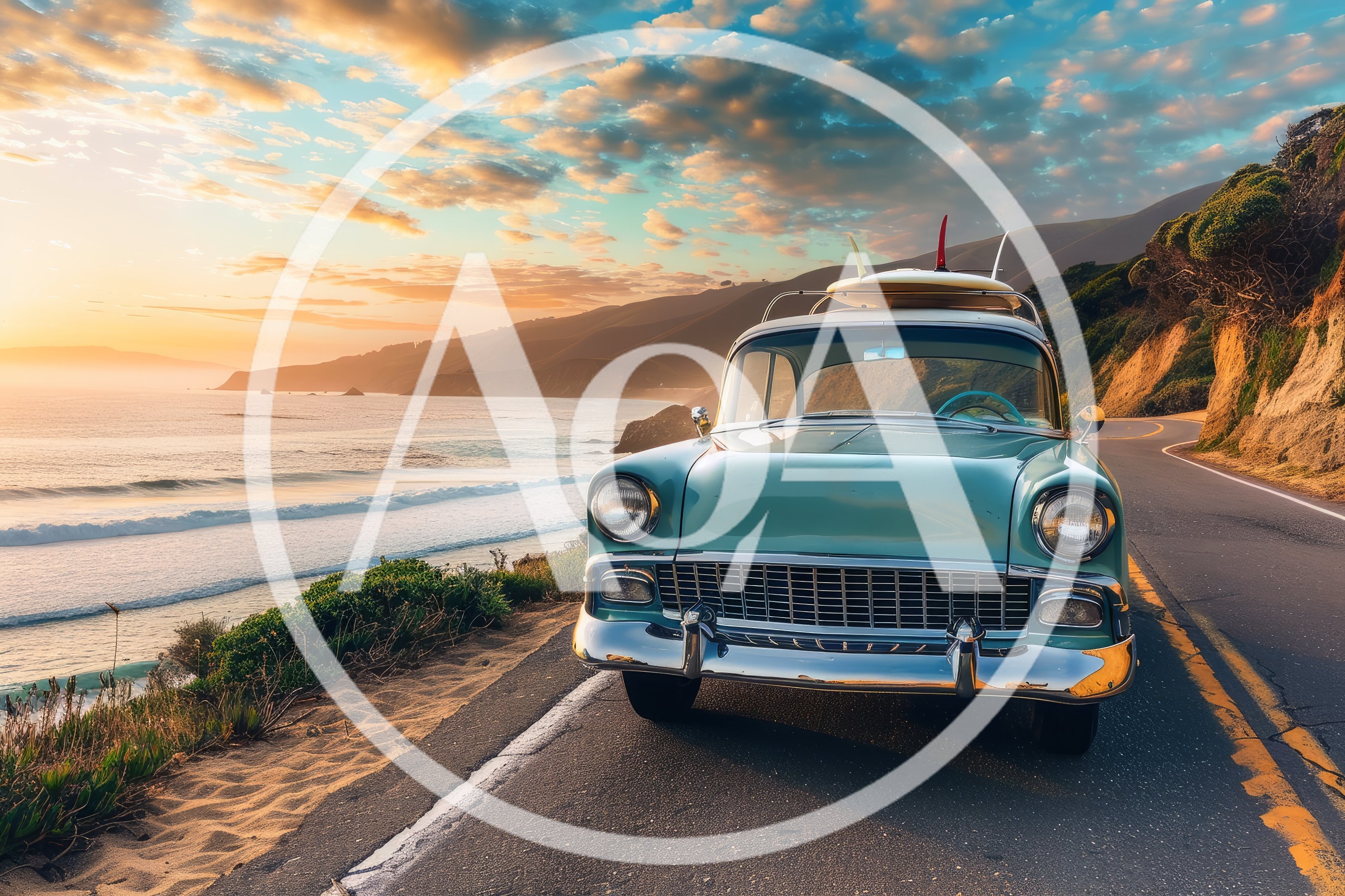 Vintage Turquoise Car With Surfboards On Coastal Highway
