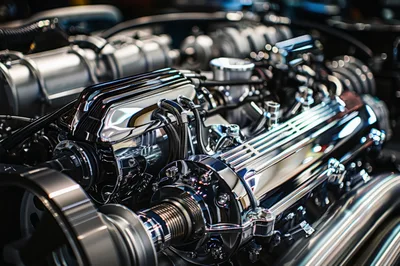 Close Up Of A Polished Chrome V8 Engine