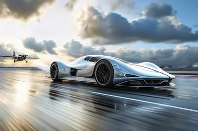 Futuristic Silver Supercar Racing Alongside A Propeller Airplane