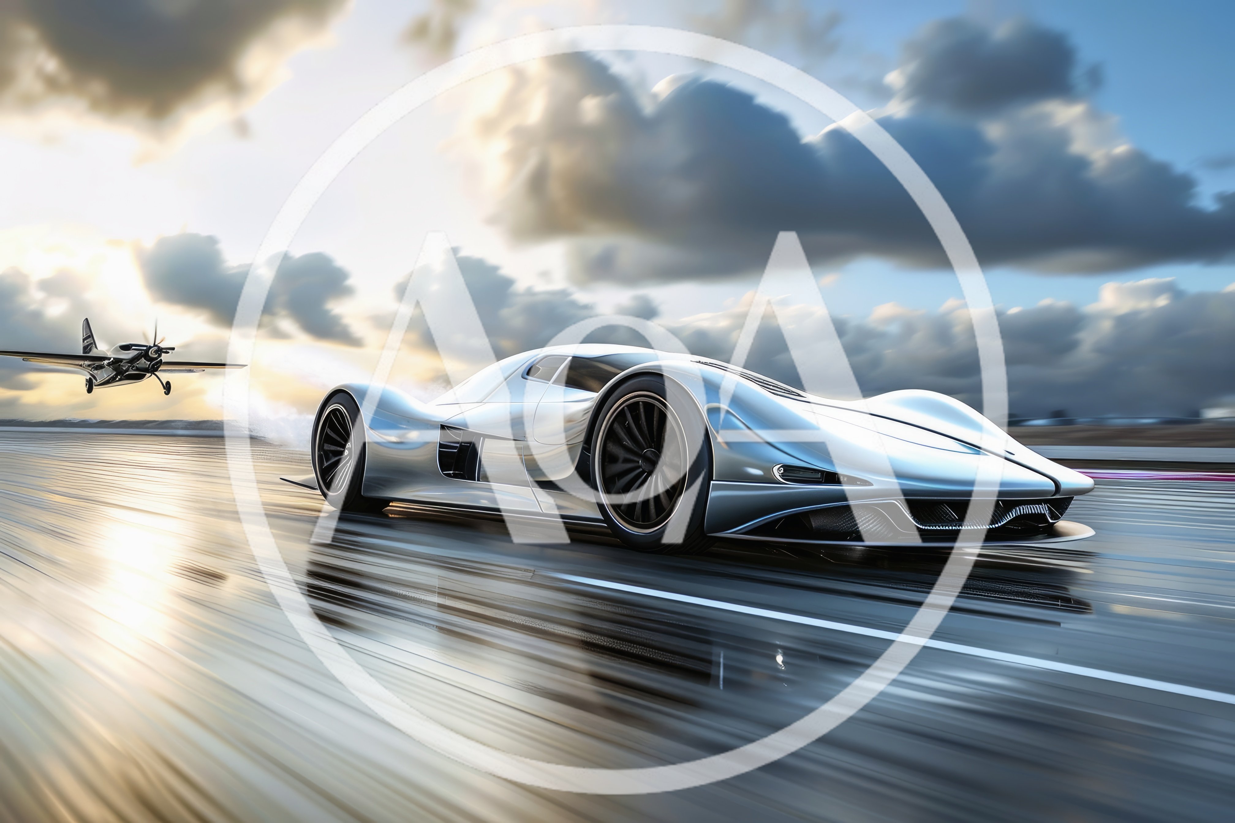 Futuristic Silver Supercar Racing Alongside A Propeller Airplane