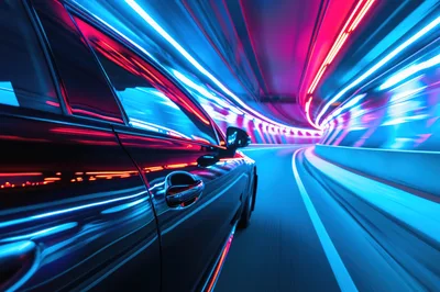 Black Car Driving Through Neon Lit Tunnel