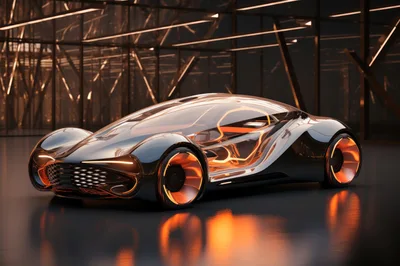 Futuristic Concept Car In Dark Industrial Studio