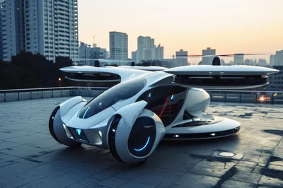 Futuristic Flying Car Concept On Urban Rooftop