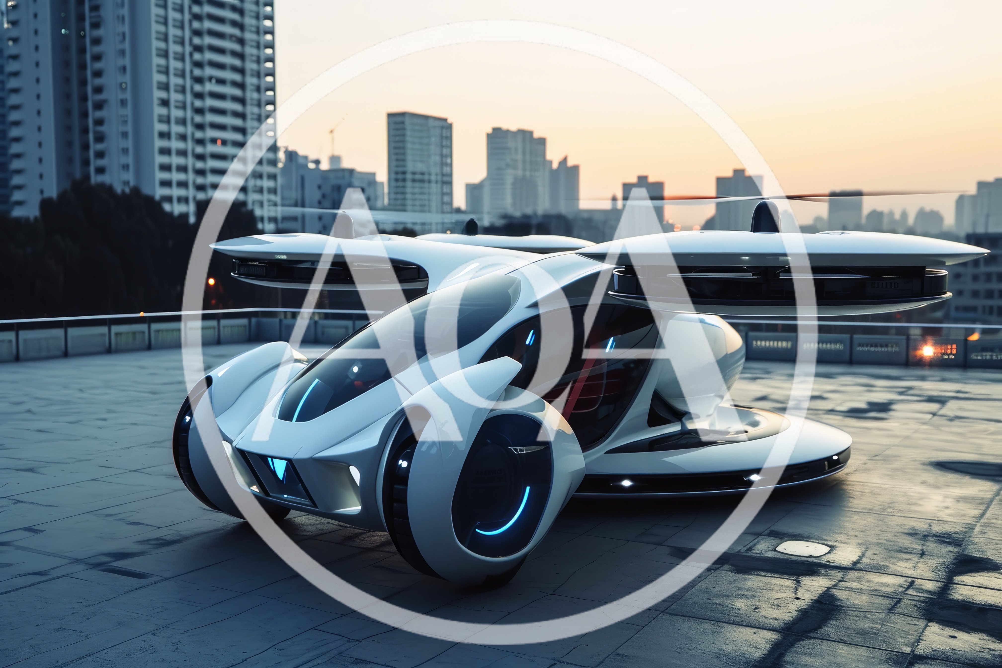 Futuristic Flying Car Concept On Urban Rooftop