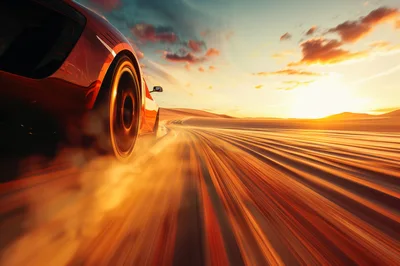 Red Sports Car Drifting On Desert Road At Sunset