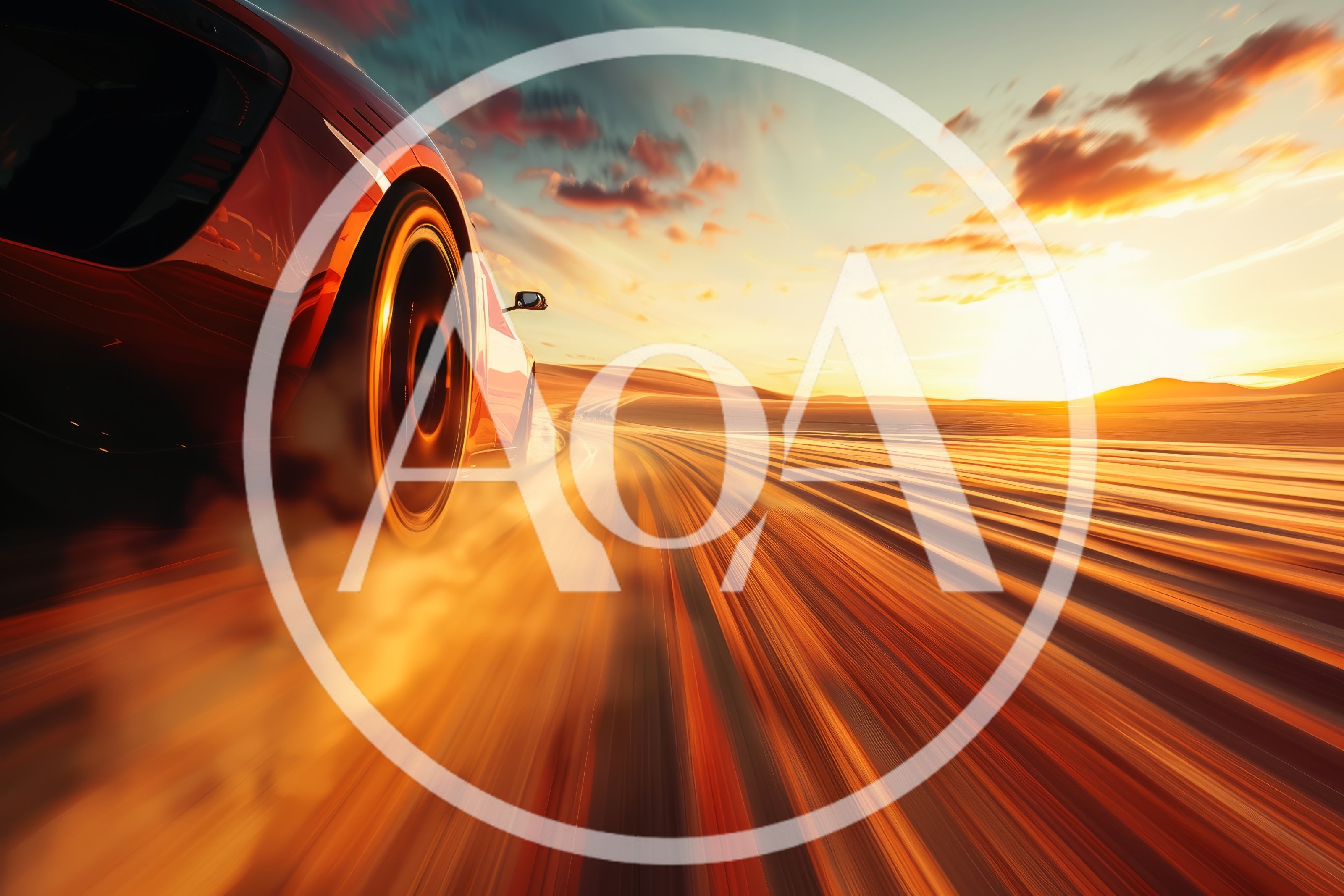 Red Sports Car Drifting On Desert Road At Sunset