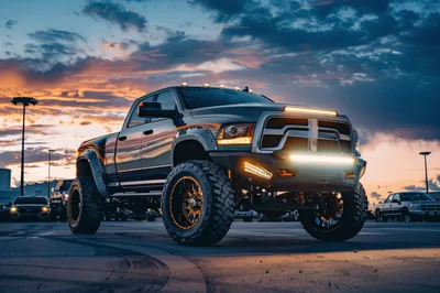 Custom Lifted Pickup Truck at Sunset