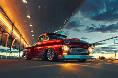 Custom Red Classic Pickup Truck Parked At Modern Terminal