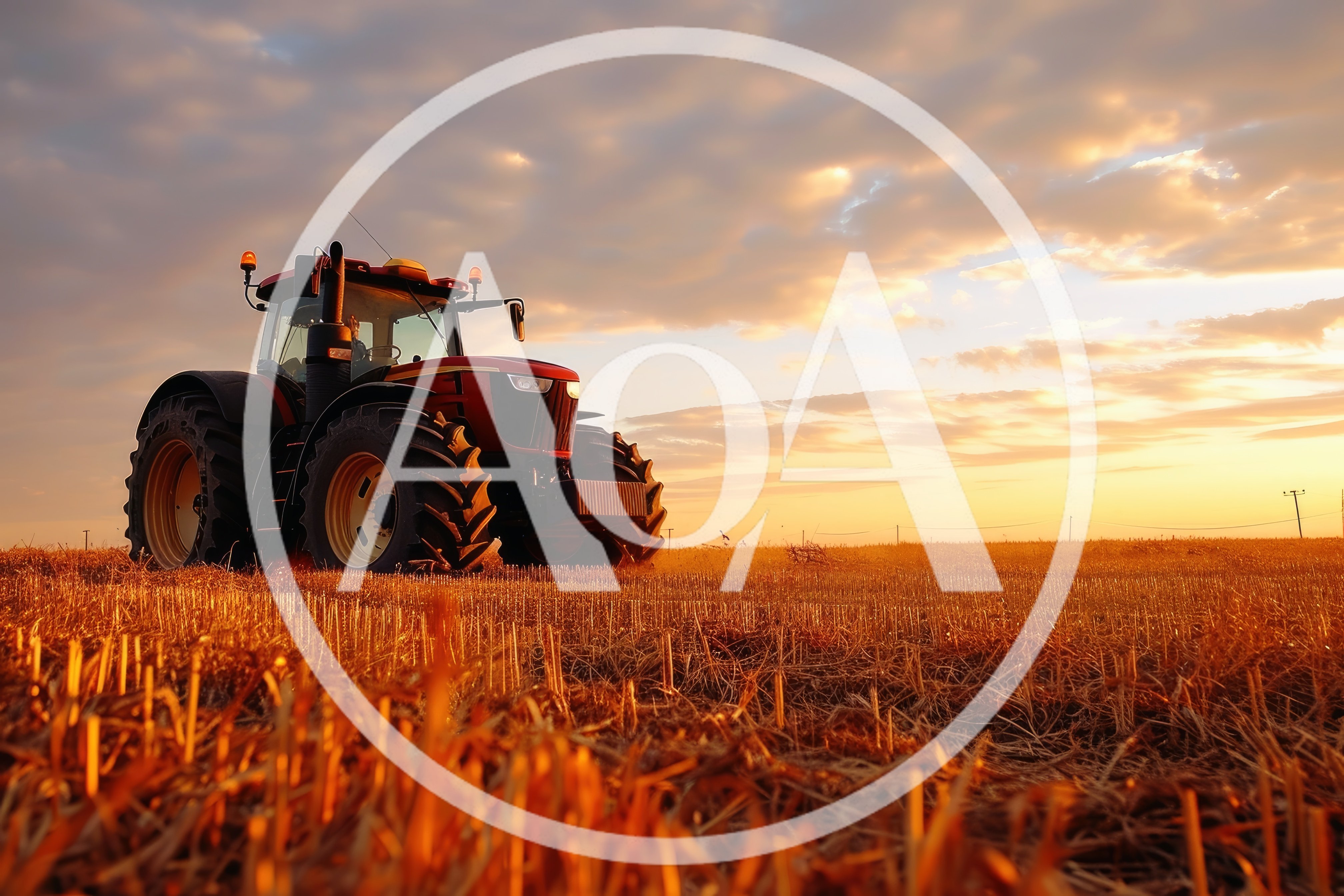 Red Tractor Standing In A Harvested Field At Sunset
