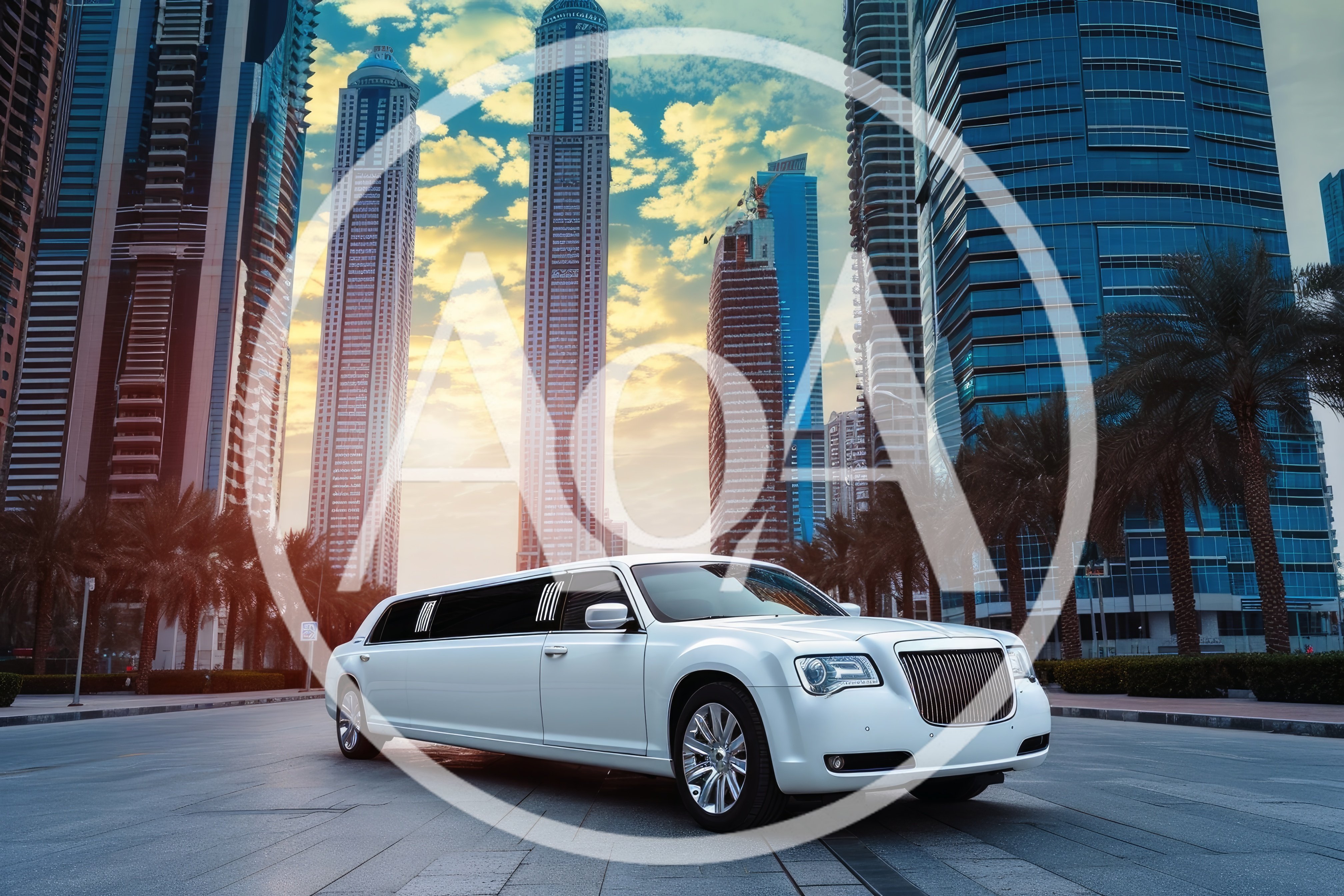 White Stretch Limousine Parked In Modern Dubai Cityscape