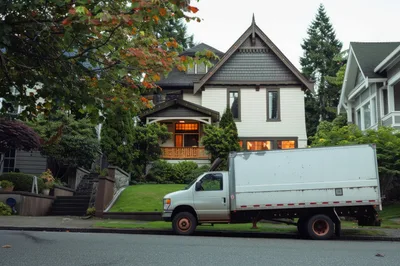 Moving Truck Parked In Front Of A Suburban House