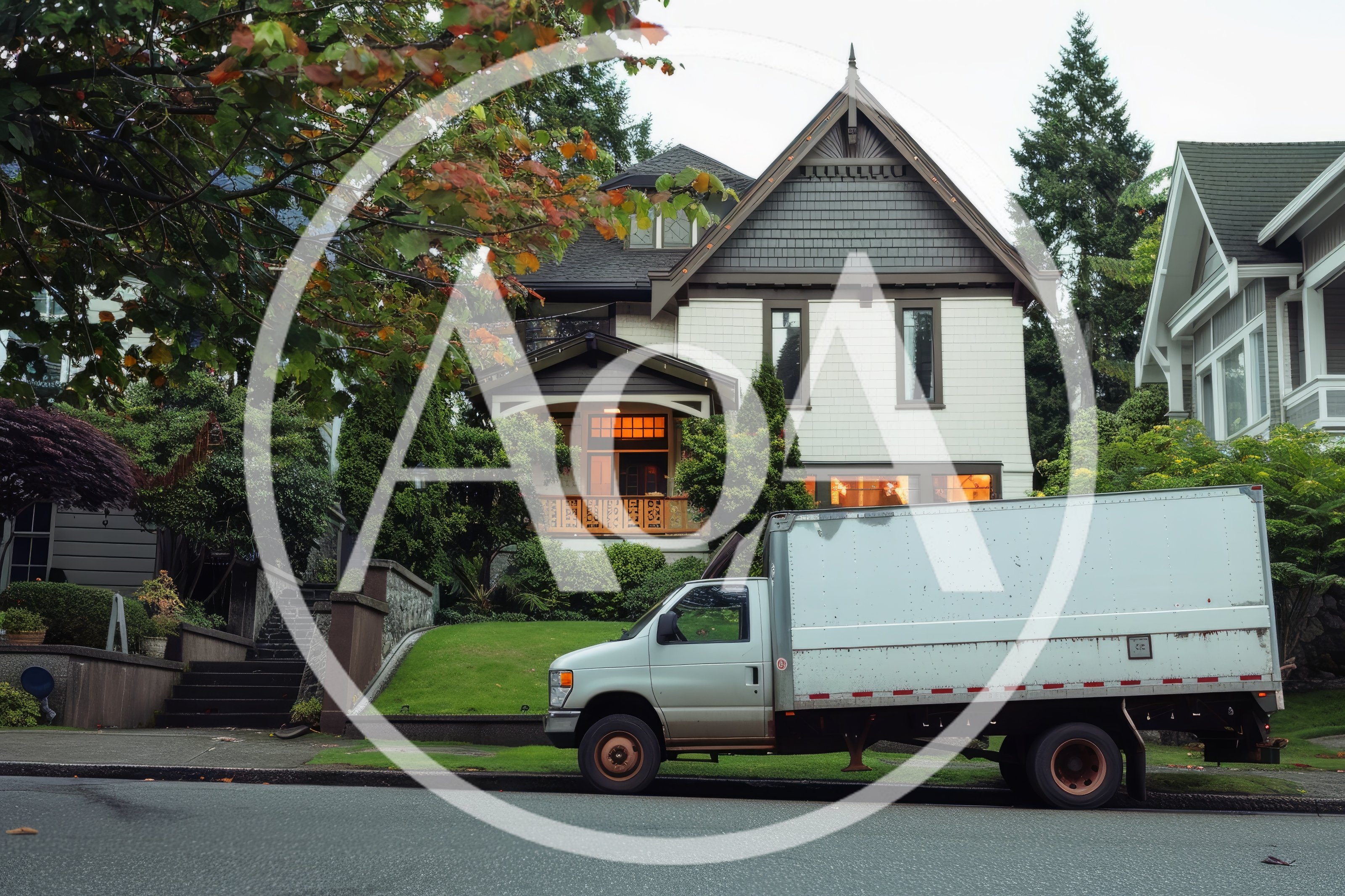 Moving Truck Parked In Front Of A Suburban House