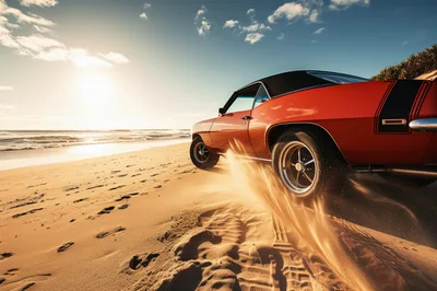 Classic Red Muscle Car Driving On Sandy Beach