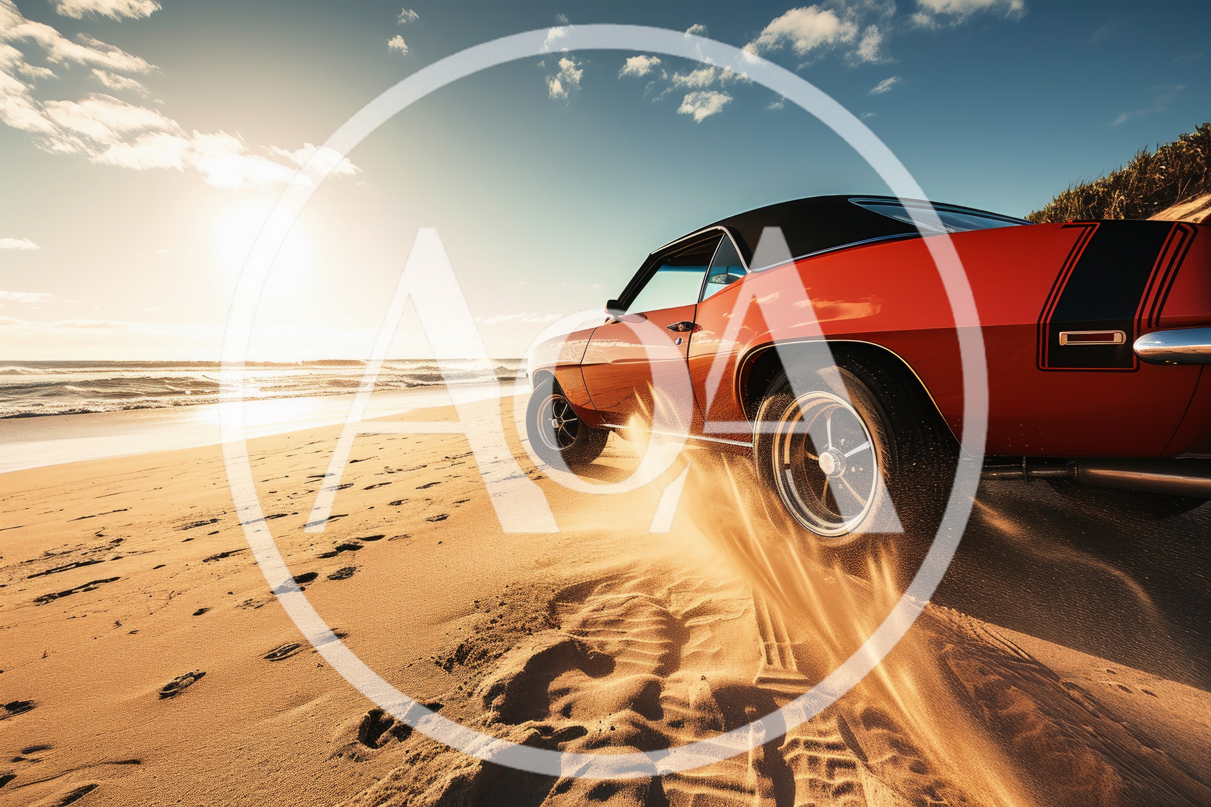 Classic Red Muscle Car Driving On Sandy Beach