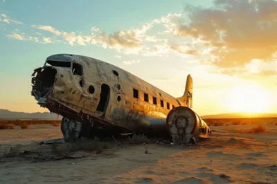 Abandoned Vintage Airplane Wreckage In Desert Landscape