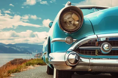 Vintage Blue Classic Car Parked By A Scenic Lake