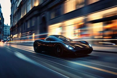 Sleek Black Sports Car Speeding Through City Streets