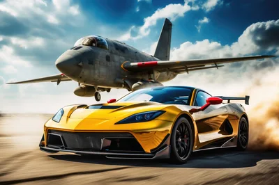 Yellow Sports Car Racing Alongside Low Flying Jet
