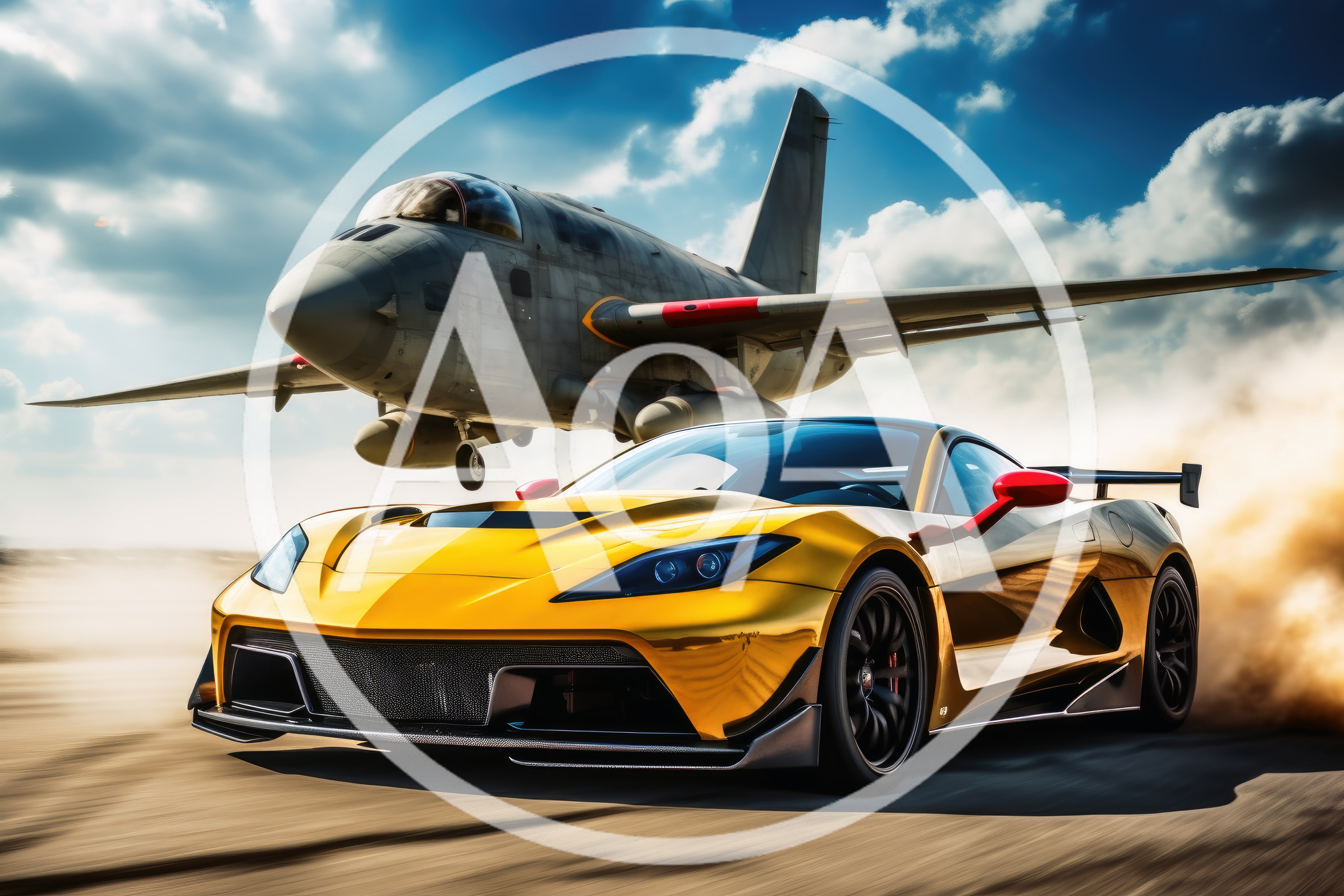 Yellow Sports Car Racing Alongside Low Flying Jet