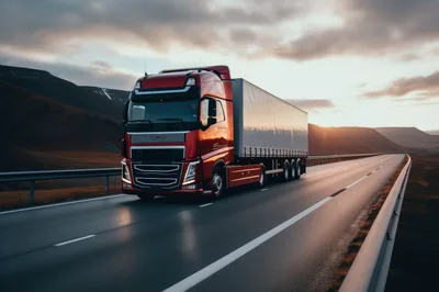 Red Semi Truck Driving On A Scenic Highway